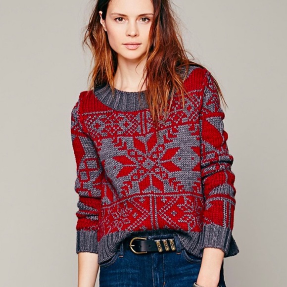 Free People Sweaters - FREE PEOPLE Snowflake Sweater Red Gray XS